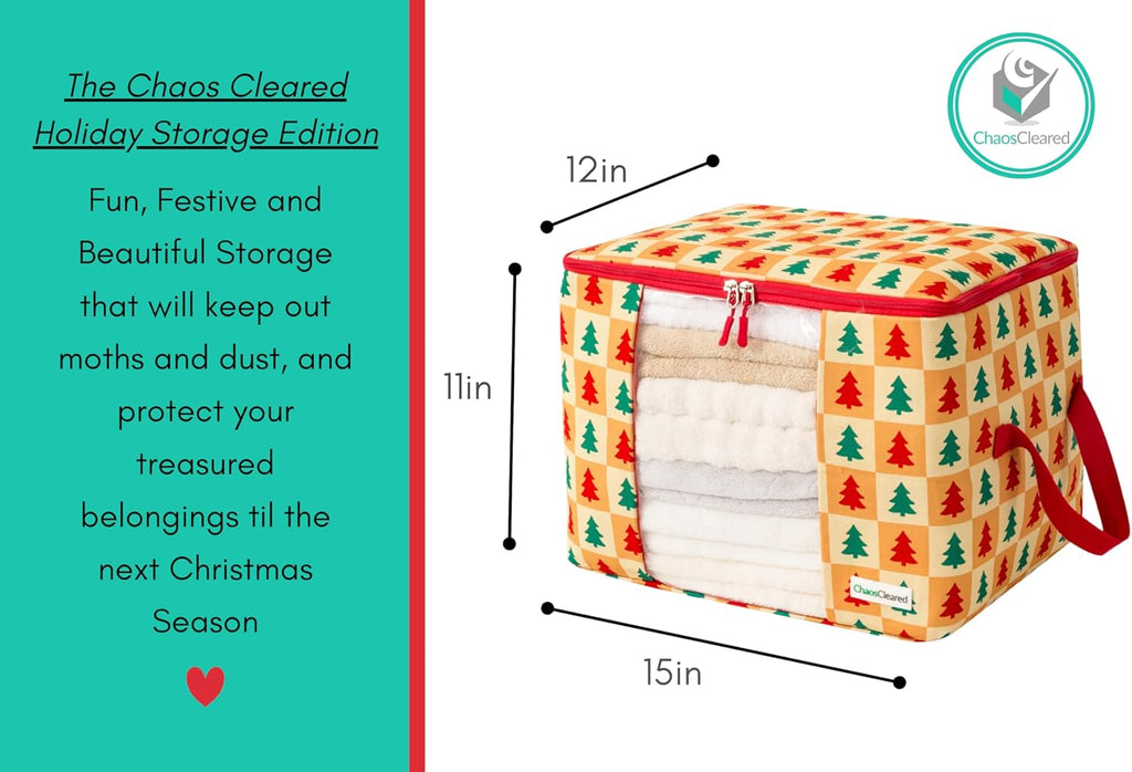 Designer Christmas Canvas Clothing Storage Bags 2 Pack Clothes Organizer bags for sweaters, clothing, garments, quilt, linens, large folding organizers with zip & window, moth proof space saver