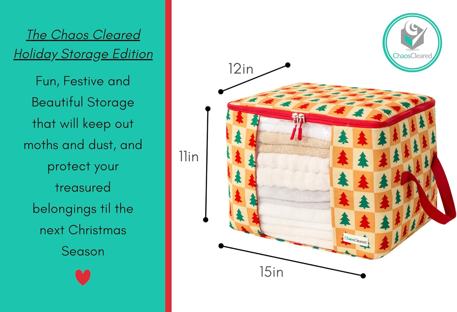 Designer Christmas Canvas Clothing Storage Bags 2 Pack Clothes Organizer bags for sweaters, clothing, garments, quilt, linens, large folding organizers with zip & window, moth proof space saver