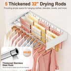 Wall Mounted Clothes Drying Rack Folding Indoor, Foldable Laundry Drying Rack Collapsible,Invisible, Space Saving, Retractable Towel Drying Rack, with Wall Template(5 Drying Rods, White 32")