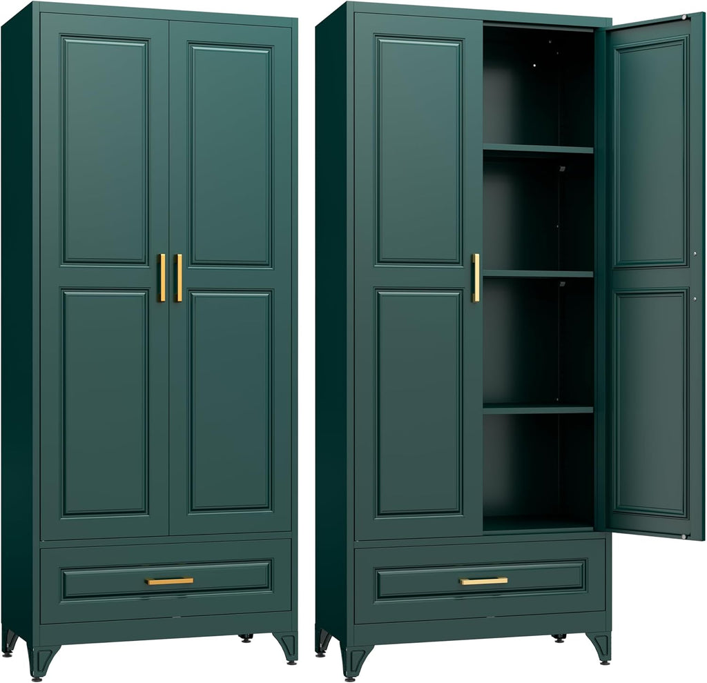 SteeLoong 75" Kitchen Pantry Cabinet with Drawer, Metal Storage Cabinets with Doors and 3 Adjustable Shelves,Green Kitchen Cabinet with 2 Gold Handles,Food Cupboard for Livingroom,Pantry, Bathroom