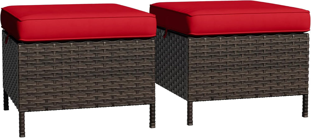 Outdoor Ottomans Set of 2 with Weather-Resistant & Thickened Cushions, PE...
