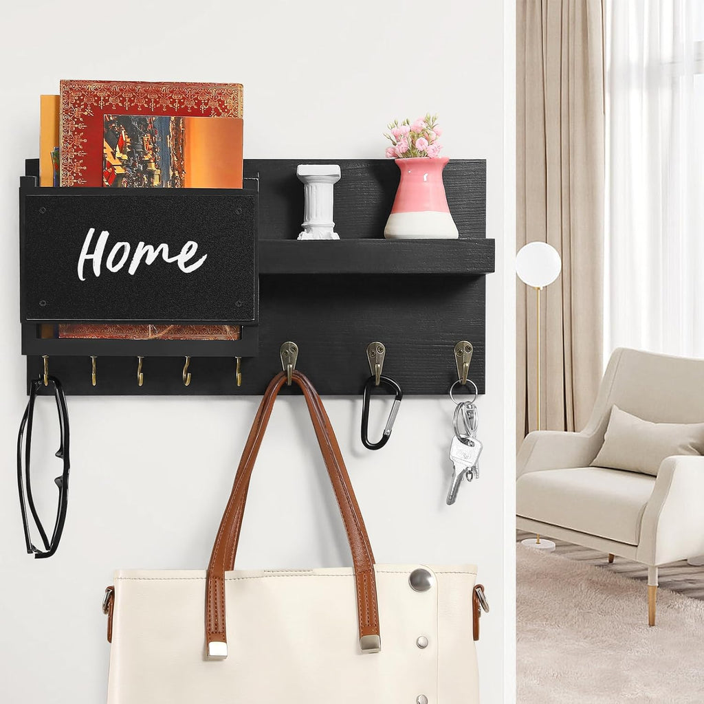 Decorative Key Hanging Rack with 8 Hooks – Easy Install Natural Wooden Key and Mail Holder for Wall Mount – Sunglasses Wallet Holder Entryway Decor with Shelf and Chalkboard (Coal Black)