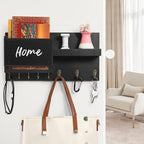 Decorative Key Hanging Rack with 8 Hooks – Easy Install Natural Wooden Key and Mail Holder for Wall Mount – Sunglasses Wallet Holder Entryway Decor with Shelf and Chalkboard (Coal Black)