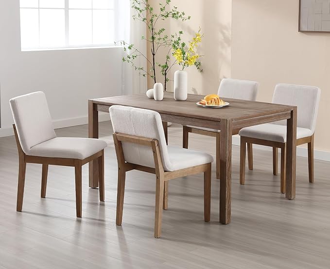 Kmax Modern Dining Chairs Elegant Kitchen Chairs Linen Fabric Armless Wood Chairs Upholstered for Dining Room Living Room, Set of 2, Beige