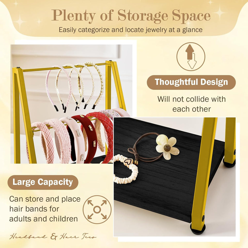 Headband Holder Organizer Metal 2-Tier Display Stand for Selling, Home Bedroom Headband Storage for Girls Women, Headband Stand Wood Base Can Store Hair Ties