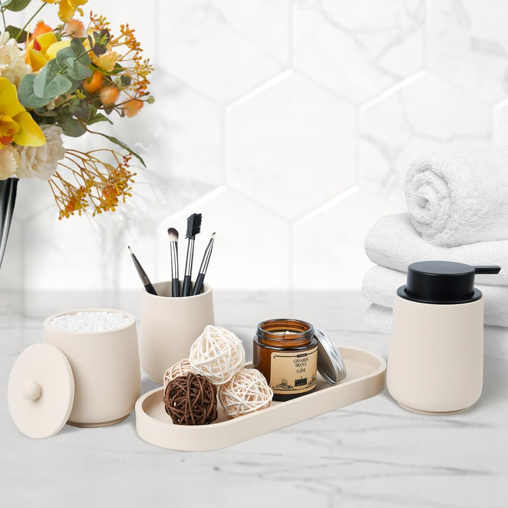 Beige Bathroom Accessories Set - 4 Pcs Bathroom Accessory Sets with Toothbrush Holder,Lotion Soap Dispenser,Qtip Holder Dispensr & Vanity Tray,Bathroom Countertop Vanity Oganizer - Beige