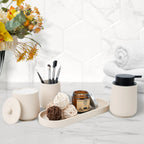 Beige Bathroom Accessories Set - 4 Pcs Bathroom Accessory Sets with Toothbrush Holder,Lotion Soap Dispenser,Qtip Holder Dispensr & Vanity Tray,Bathroom Countertop Vanity Oganizer - Beige