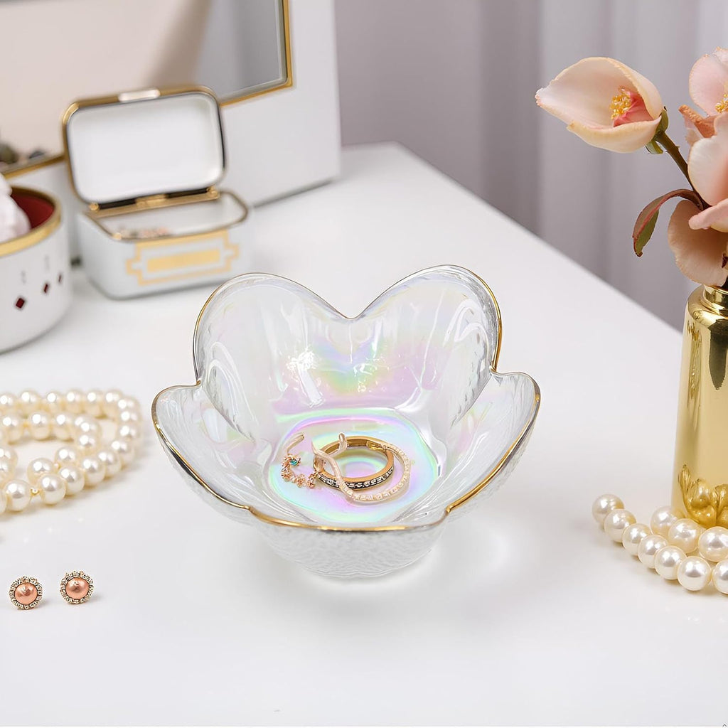 Rainbow Flower Ring Dish Jewelry Tray, Small Glass Trinket Tray for Rings Earrings, Present for Wife Mom Daughter Women
