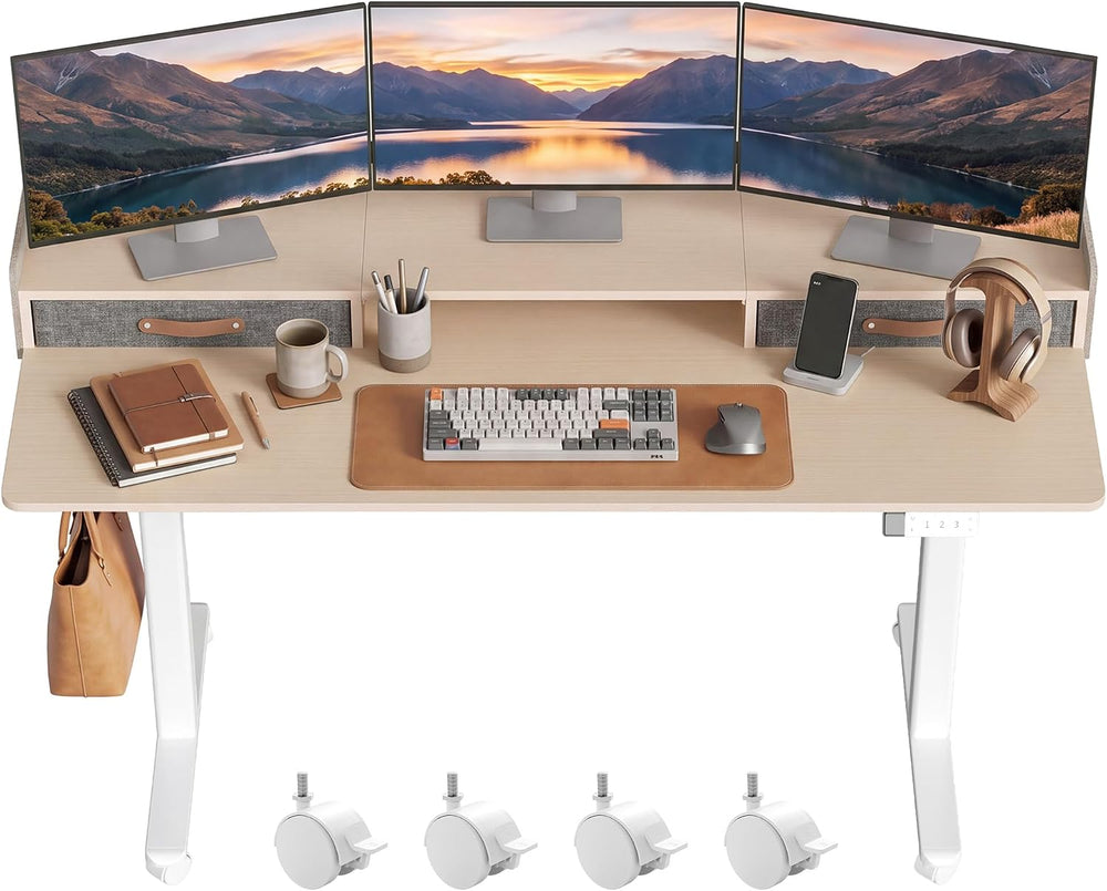Claiks Standing Desk with Drawers & Wheels, 2 Height Shelf 59" Ntural