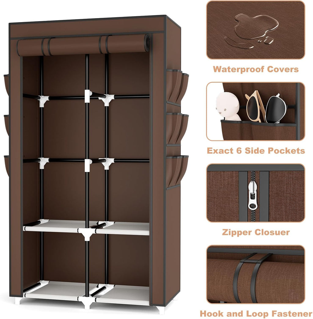 VTRIN Portable Closet Wardrobe for Hanging Clothes with 4 Storage Shelves, 2 Hanging Rods and 6 Pockets, Stable and Easy Assembly Clothes Rack with Cover Free Standing Closet, Brown