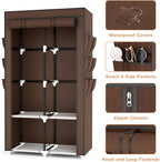VTRIN Portable Closet Wardrobe for Hanging Clothes with 4 Storage Shelves, 2 Hanging Rods and 6 Pockets, Stable and Easy Assembly Clothes Rack with Cover Free Standing Closet, Brown