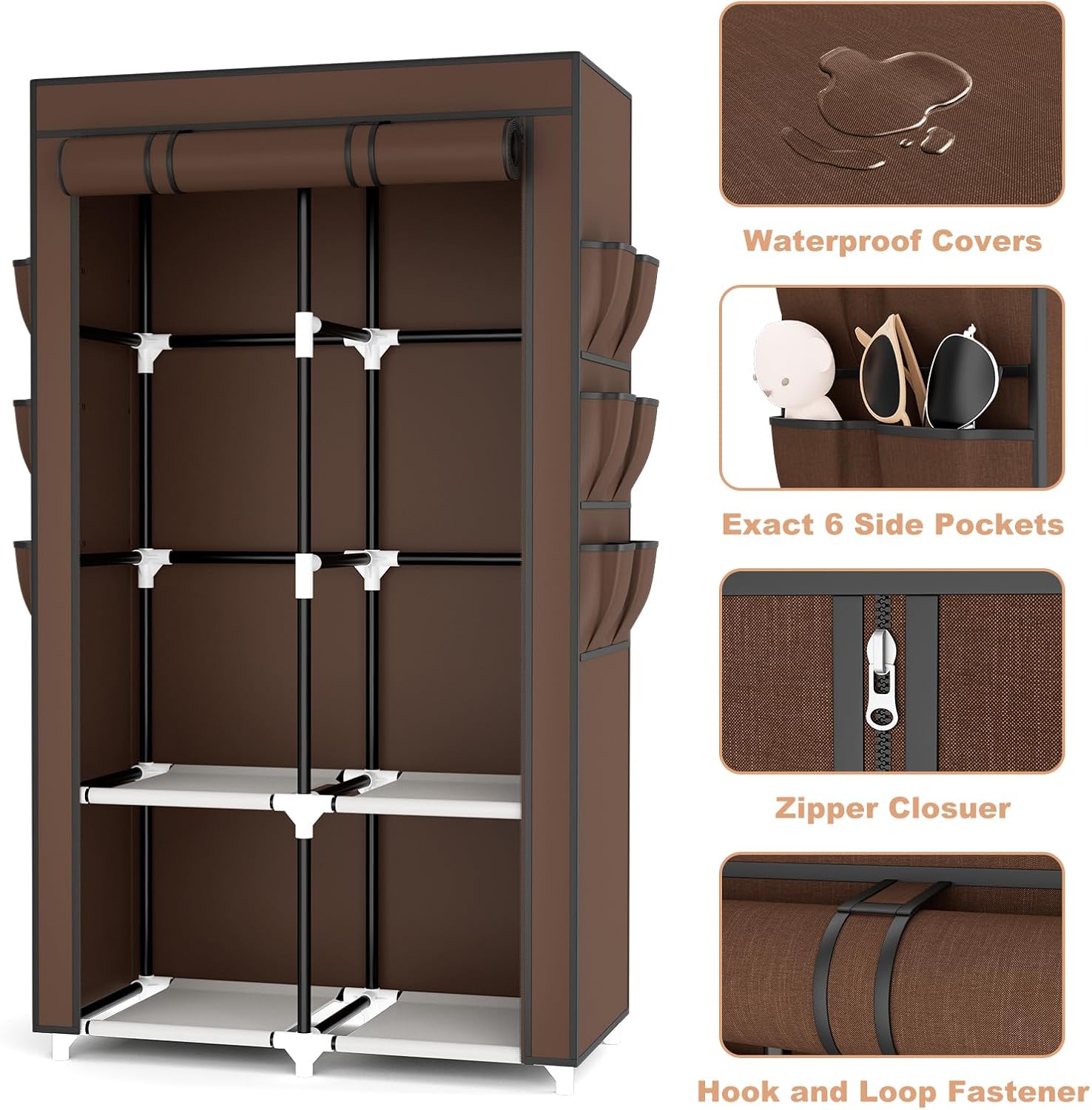 VTRIN Portable Closet Wardrobe for Hanging Clothes with 4 Storage Shelves, 2 Hanging Rods and 6 Pockets, Stable and Easy Assembly Clothes Rack with Cover Free Standing Closet, Brown