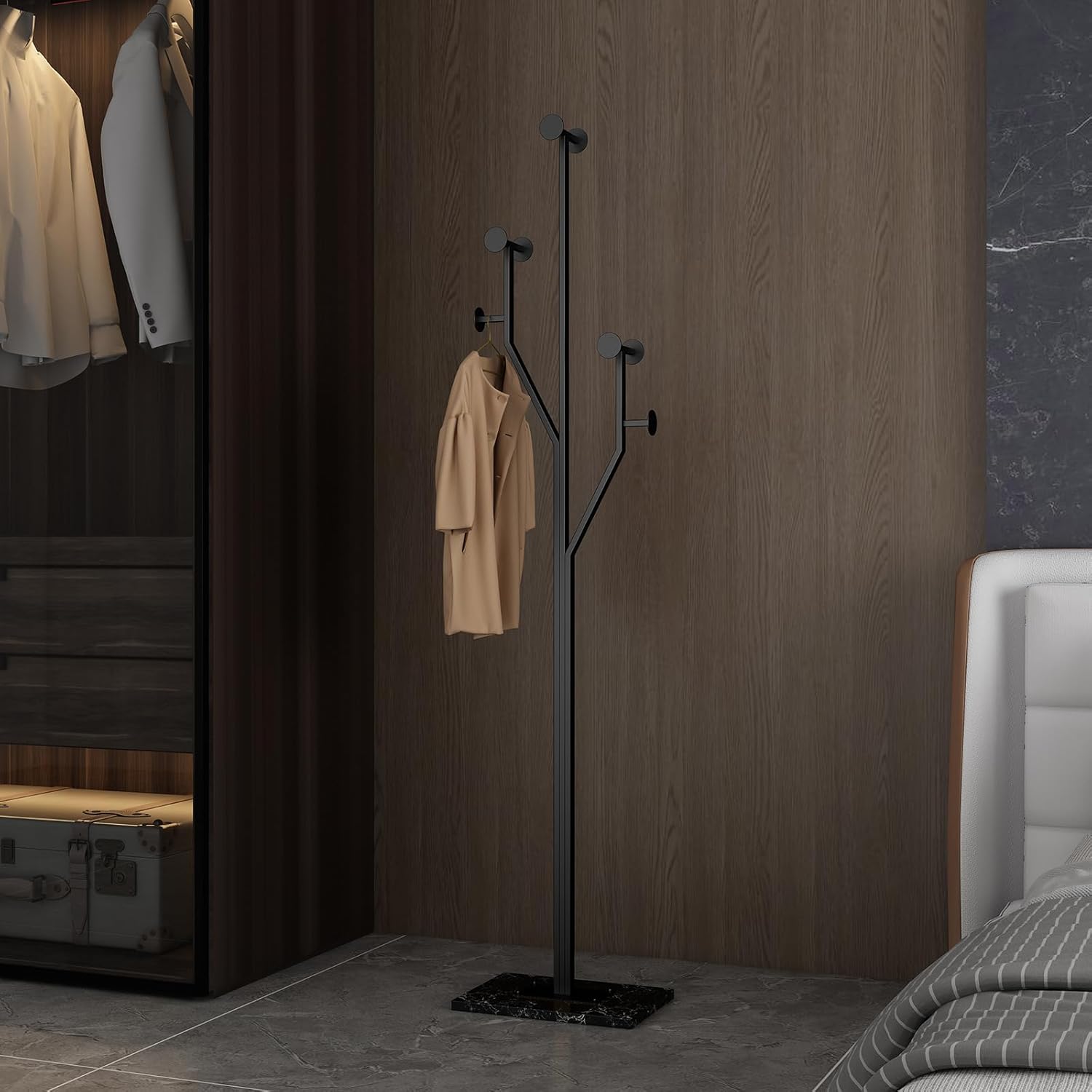 JIAYUEJU Freestanding Coat Rack Tree-shaped Metal Coat Tree with Heavy Duty Marble Base Corner Clothing Rack for Bedroom Entryway Hallway 14.96 x 10.24 x 68.9 Inches (Black)