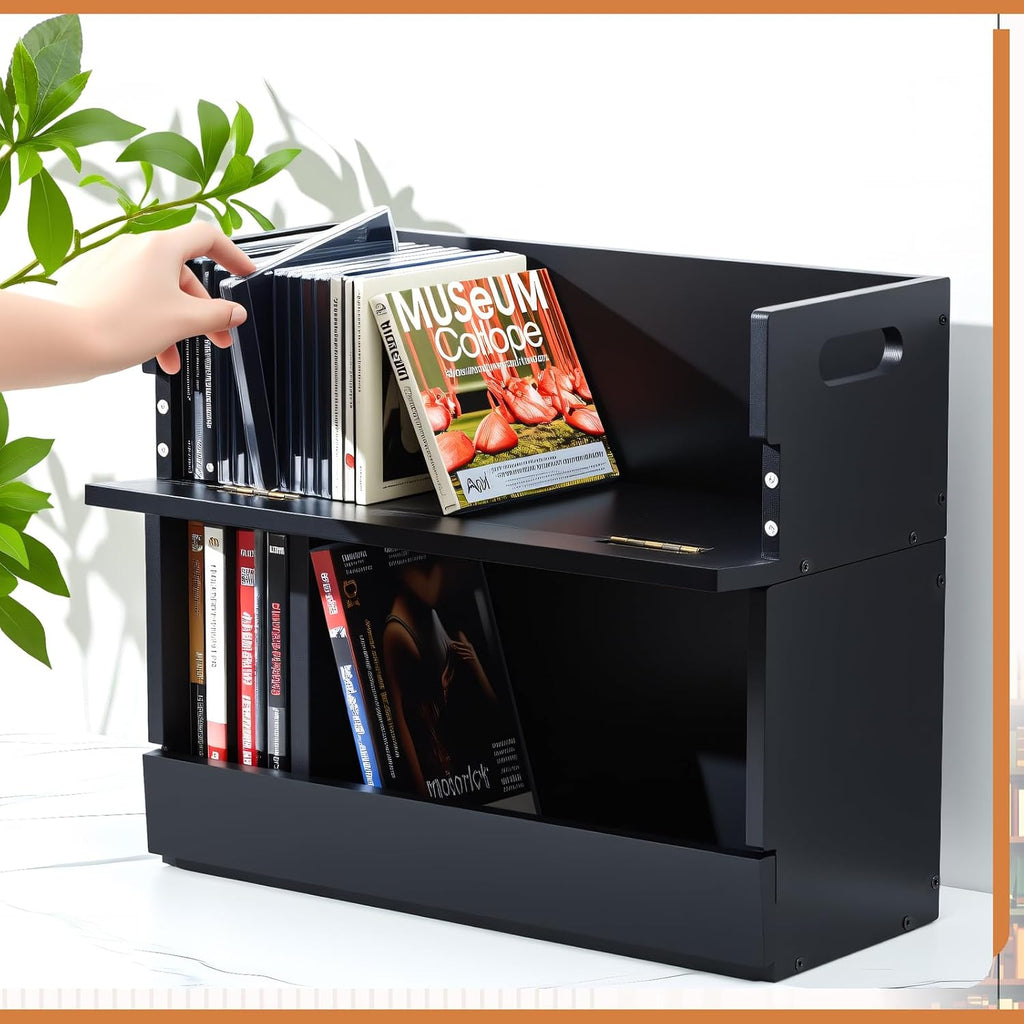 CroBlissful 2 Set Wooden DVD and CD Storage Box Cassette Tape Display Stand Holder Rack with Carrying Handle, Organizer Shelf for Movie Cases, Each Can Store up to 36 CDs and 26 DVDs (Black)