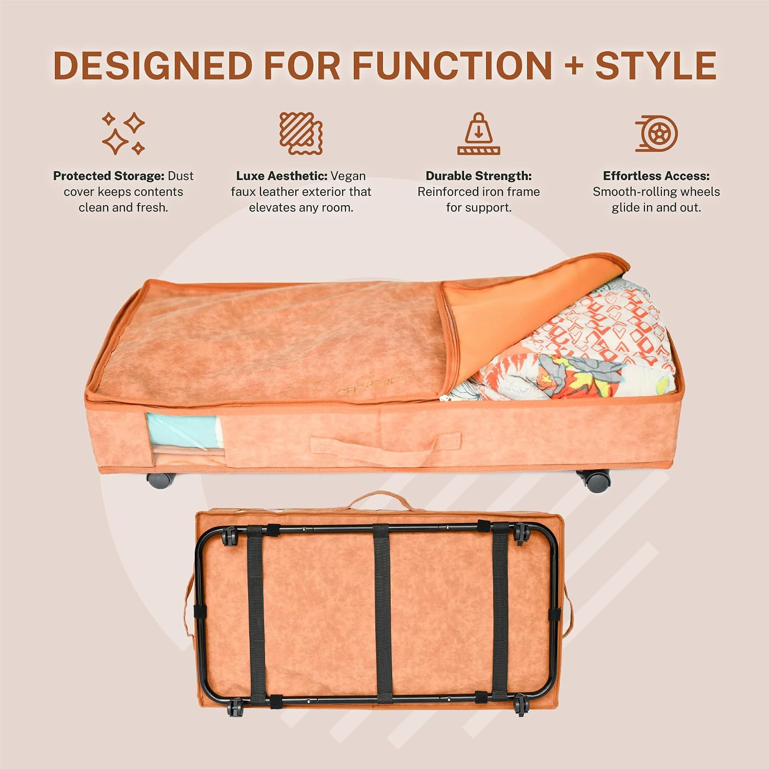 Premium Vegan Leather Under Bed Storage with Wheels | Low Profile Rolling Storage Box with Metal Frame | Pull-Out Underbed Organizer for Clothes, Shoes & Books | Space-Saving Storage Solution
