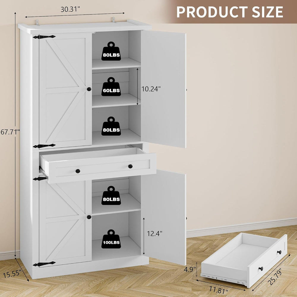 BORNOON Pantry Organizers and Storage Cabinet, 67.7” Barn Door White Kitchen ...