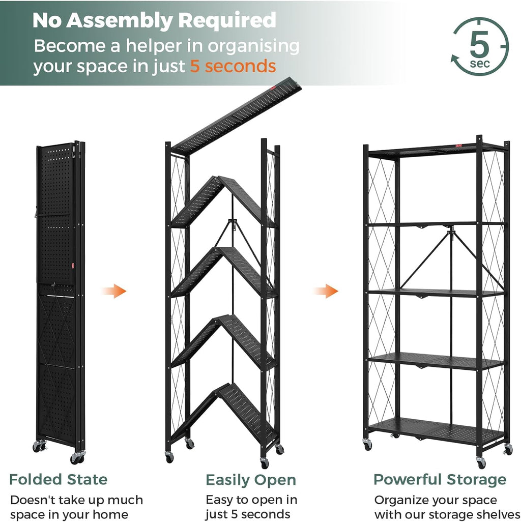 DEANIC 5 Tier Foldable Storage Shelves with Wheels, Large Capacity Shelving Unit, Freestanding Metal Wire Shelf Rack, No Assembly Organizer Rack for Garage Kitchen, Basement, Pantry(Black Pack of 4)
