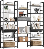 NUMENN Bookcases and Bookshelves Triple Wide 6 Tier Bookshelf, Large Etagere Bookshelf with Storage Drawer, Adjustable Open Display Shelves for Living Room Bedroom Home Office, Black