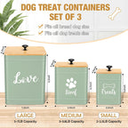 Metal Dog Treat Containers Set of 3 with Bamboo Lids and Spoon Airtight 7+3+2 lbs Dog Food Snack Jars with DIY Labels Big Pet Cookie Storage Jar for Kitchen Counter (Sage Green,Cute)