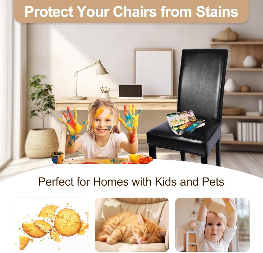 SearchI Waterproof PU Leather Dining Chair Covers Stretch, Set of 6, Black