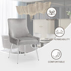 Modern Dining Chairs Set of 2 with Silver Metal Legs, Velvet Upholstered Kitchen Chair Pleated Back, Mid Century Accent Chair for Vanity, Living Room, Grey