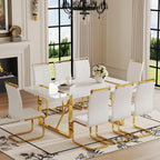 Ebullient White Dining Table Set for 8，71'' Kitchen Table and White Leather Dining Chairs Set of 8, 9 Piece Dining Room Table Set，Modern Gold Metal Frame Dinner Table Set 8 for Kitchen