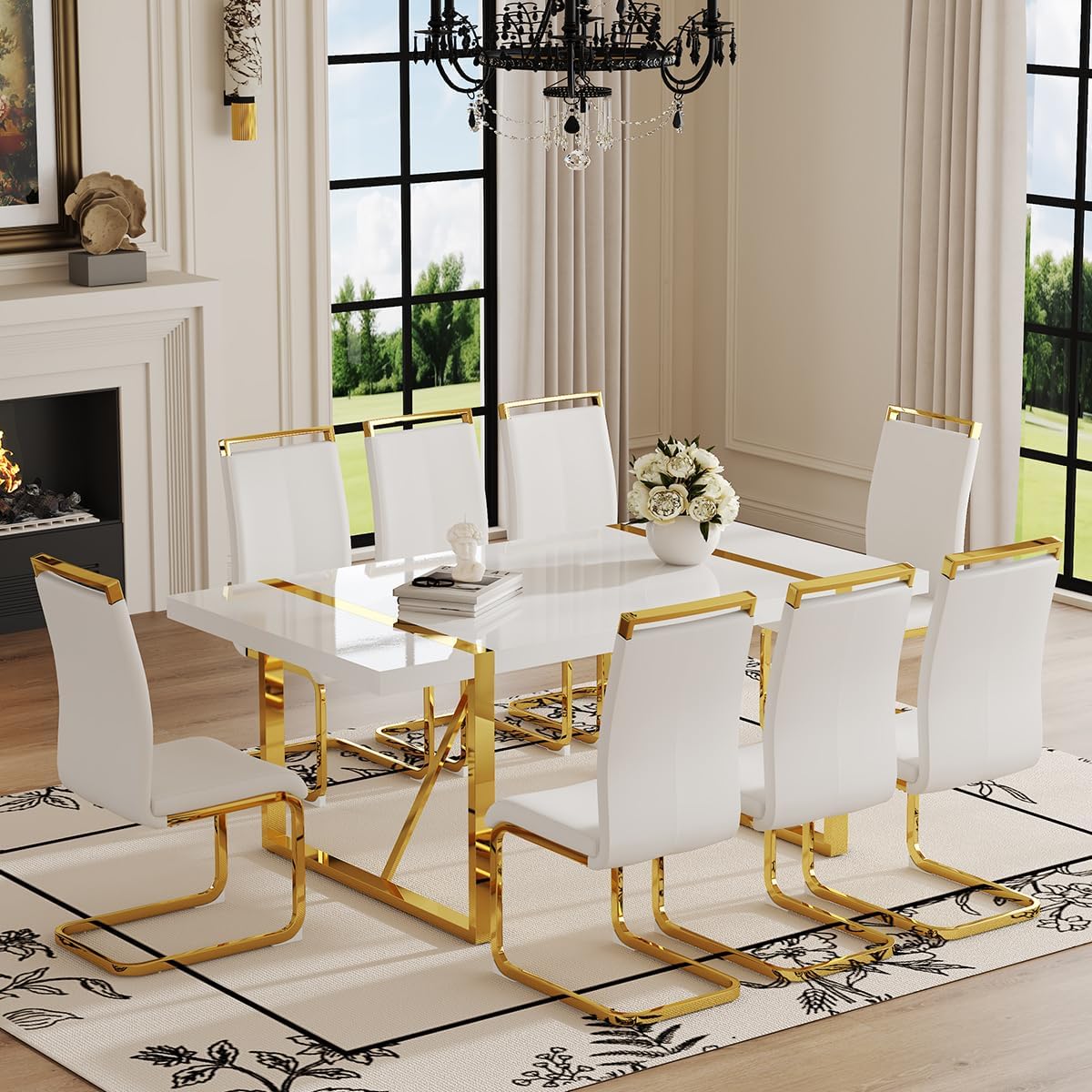 Ebullient White Dining Table Set for 8，71'' Kitchen Table and White Leather Dining Chairs Set of 8, 9 Piece Dining Room Table Set，Modern Gold Metal Frame Dinner Table Set 8 for Kitchen