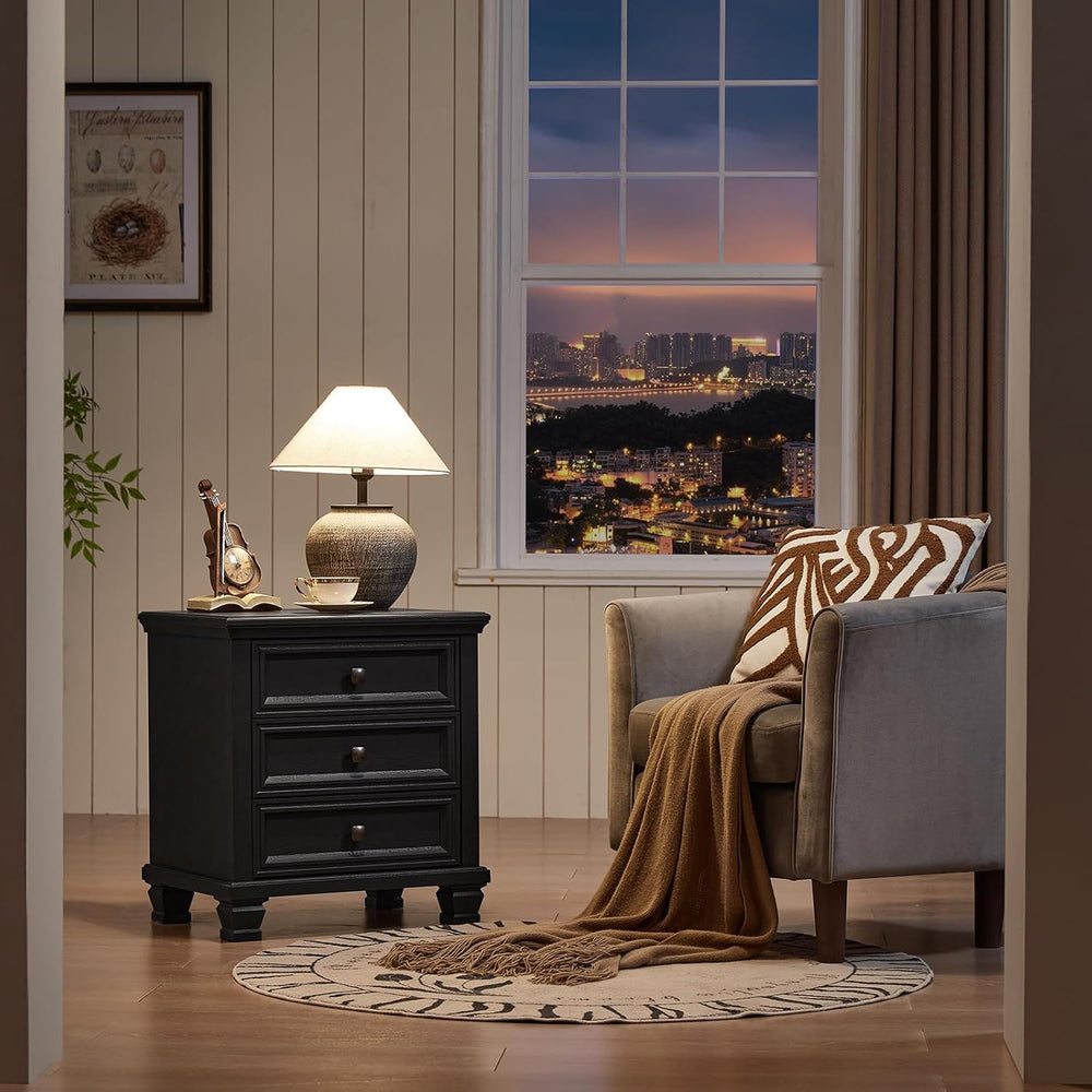 SAVOR LIFE 3-Drawer Nightstand Set of 2 with Solid Wood Legs, Black | Pair of...