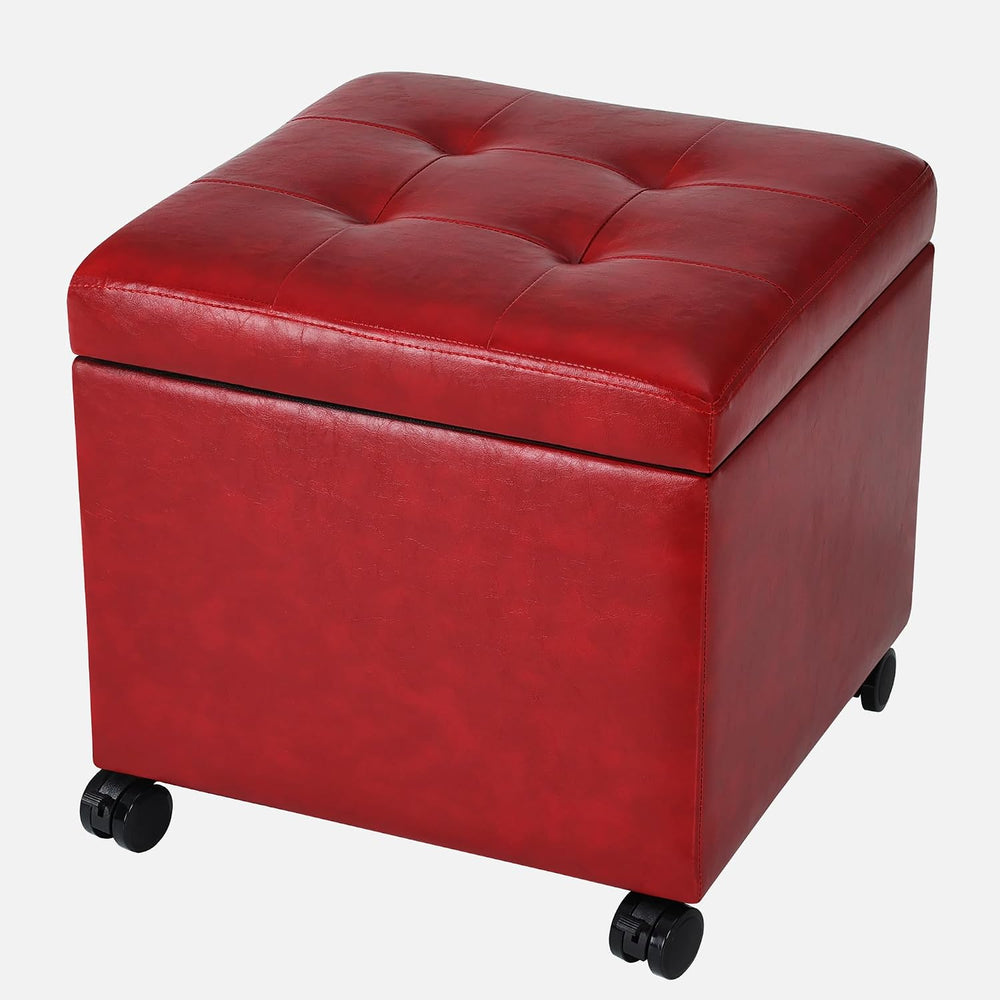 Homebeez Storage Ottoman with Rolling Wheels, PU Leather Tufted Cube Footrest...