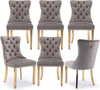 Velvet Upholstered Dining Chairs Set of 6, Modern Style Kitchen Side Chairs with Nailhead Trim and Gold Plated Leg, Metal Pulling Ring for Dining Room Living Room(Gery-Gold Plated Leg)