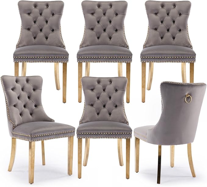 Velvet Upholstered Dining Chairs Set of 6, Modern Style Kitchen Side Chairs with Nailhead Trim and Gold Plated Leg, Metal Pulling Ring for Dining Room Living Room(Gery-Gold Plated Leg)