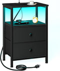 LOAKEKEL Night Stand, LED Black Nightstand with Charging Station | Small Bedside Table with USB Ports & Outlets, Side Table with Type-C and LED Lights, 2 Fabric Storage Drawers for Bedroom