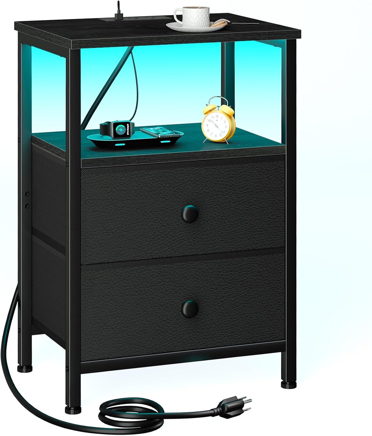 LOAKEKEL Night Stand, LED Black Nightstand with Charging Station | Small Bedside Table with USB Ports & Outlets, Side Table with Type-C and LED Lights, 2 Fabric Storage Drawers for Bedroom