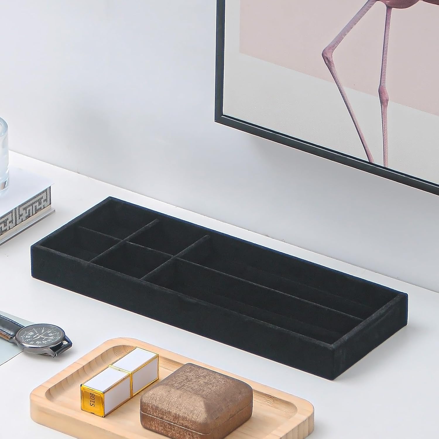 2Pcs Desk Drawer Storage Tray, Nightstand Organizer Tray, Necklace Bracelet Ring Earring Jewelry Display Tray, Grid Table Organizer Holder Tray for Sunglass, Phone, Watch, Perfume (6 grid)/Black