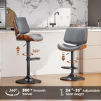 Swivel Bar Stools Set of 2, Adjustable Bentwood Barstools for Kitchen Counter, Modern PU Leather Upholstered Bar Chair with Back and Footrest, for Kitchen Island, Bar, Dining Room, Gray