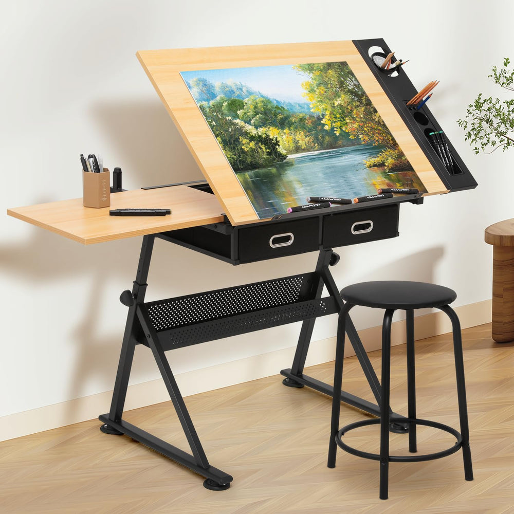 MoNiBloom 39‘’ Adjustable Drafting Table & Stool Set with Storage, Natura...