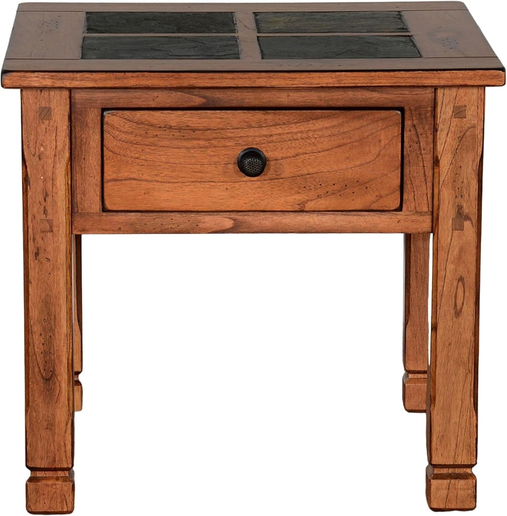 Benzara Marv Side End Table w Drawer- 26 Inch Square Slate Inlay Top- Brown
