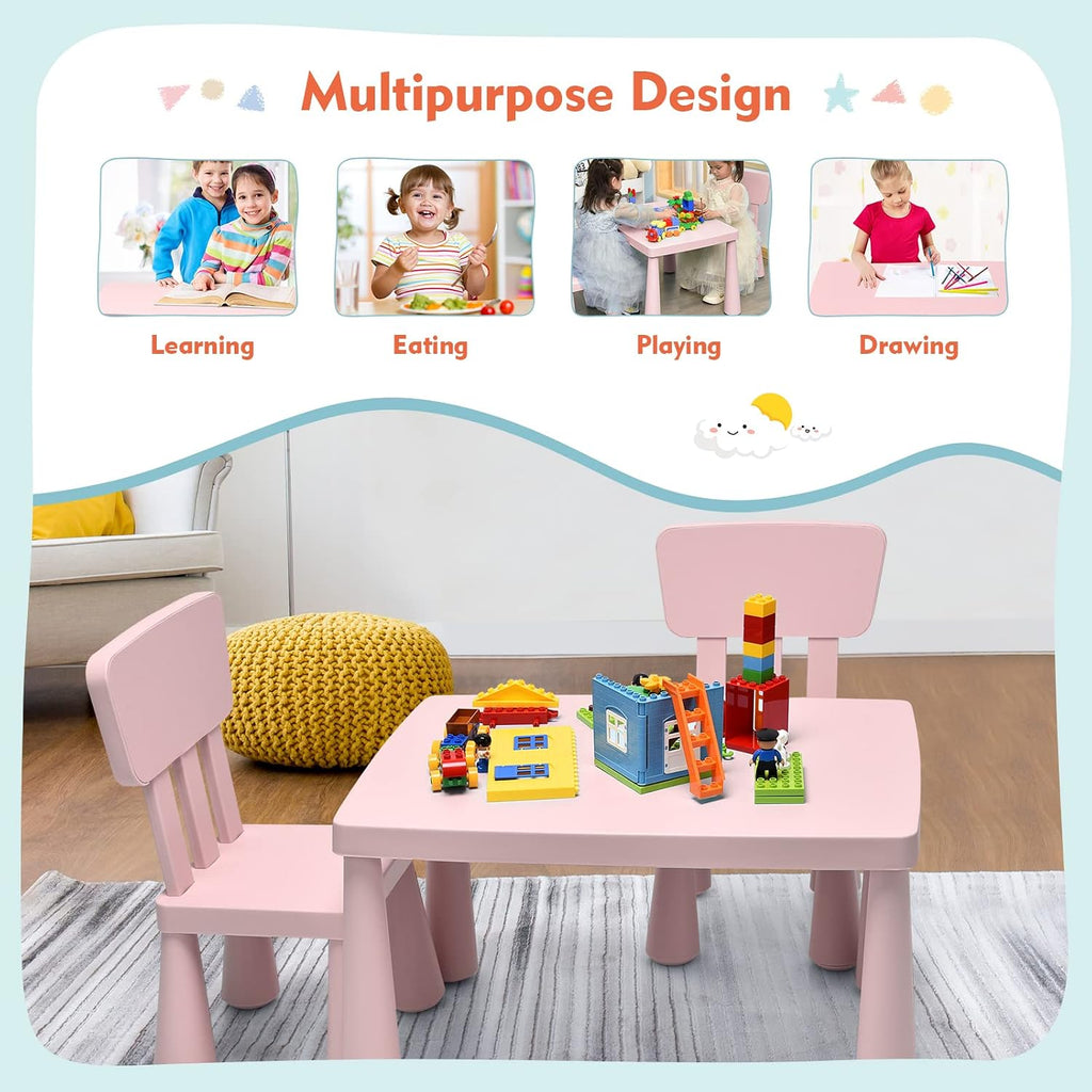 Toddler Table and Chair Set, Plastic Kid Activity Table & 2 Chairs, 3-Piece Children Playroom Furniture Set for Reading, Writing & Painting, Kids Table and Chair Set for Age 3-7 (Pink)