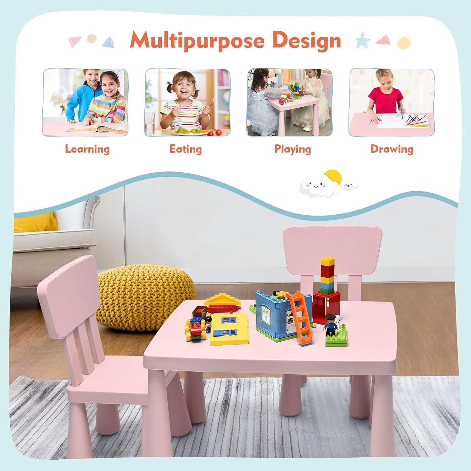 Toddler Table and Chair Set, Plastic Kid Activity Table & 2 Chairs, 3-Piece Children Playroom Furniture Set for Reading, Writing & Painting, Kids Table and Chair Set for Age 3-7 (Pink)