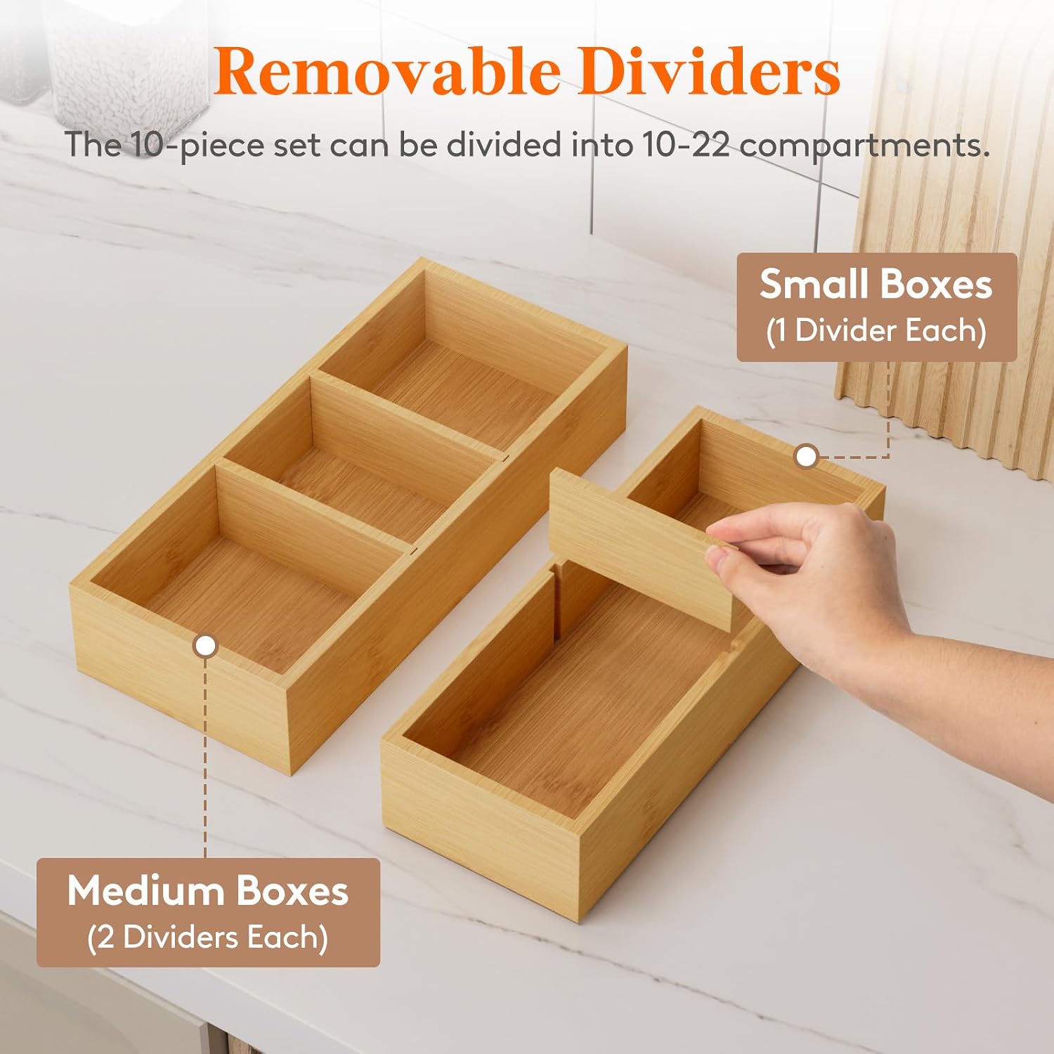 Lifewit Drawer Organizers 10 Pack(22 Grid) with 12 Inserts | Adjustable Bamboo Wooden Trays for Utensils, Silverware, Makeup, Kitchen, Bathroom, Office, Vanity Storage