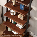 5-Tier Solid Wood Ladder Bookshelf with Natural Live Edge | Rustic Walnut Storage & Display Leaning Bookcase, Modern Space-Saving Shelf for Living Room, Bedroom, Home Office
