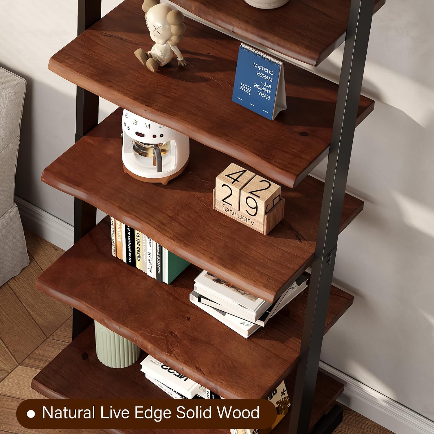 5-Tier Solid Wood Ladder Bookshelf with Natural Live Edge | Rustic Walnut Storage & Display Leaning Bookcase, Modern Space-Saving Shelf for Living Room, Bedroom, Home Office