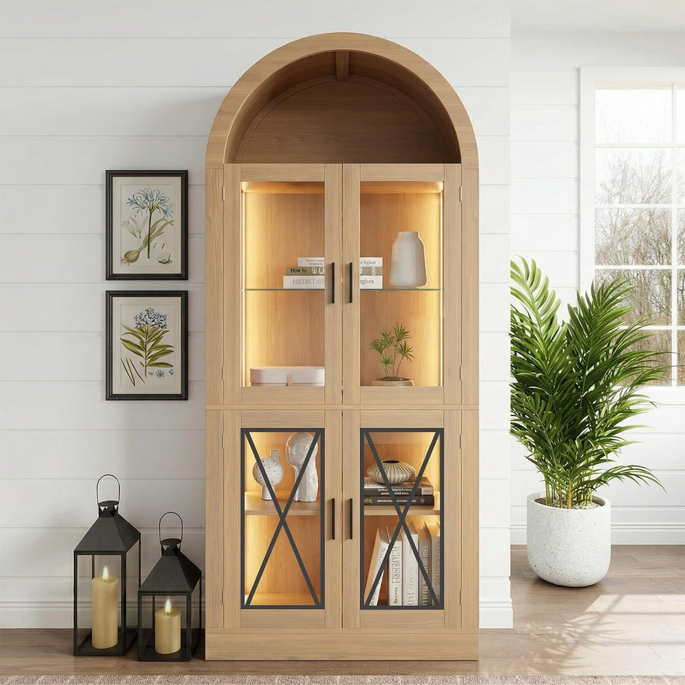 71” Tall Arched Kitchen Pantry with X-Pattern Glass Doors & RGB Lighting,...