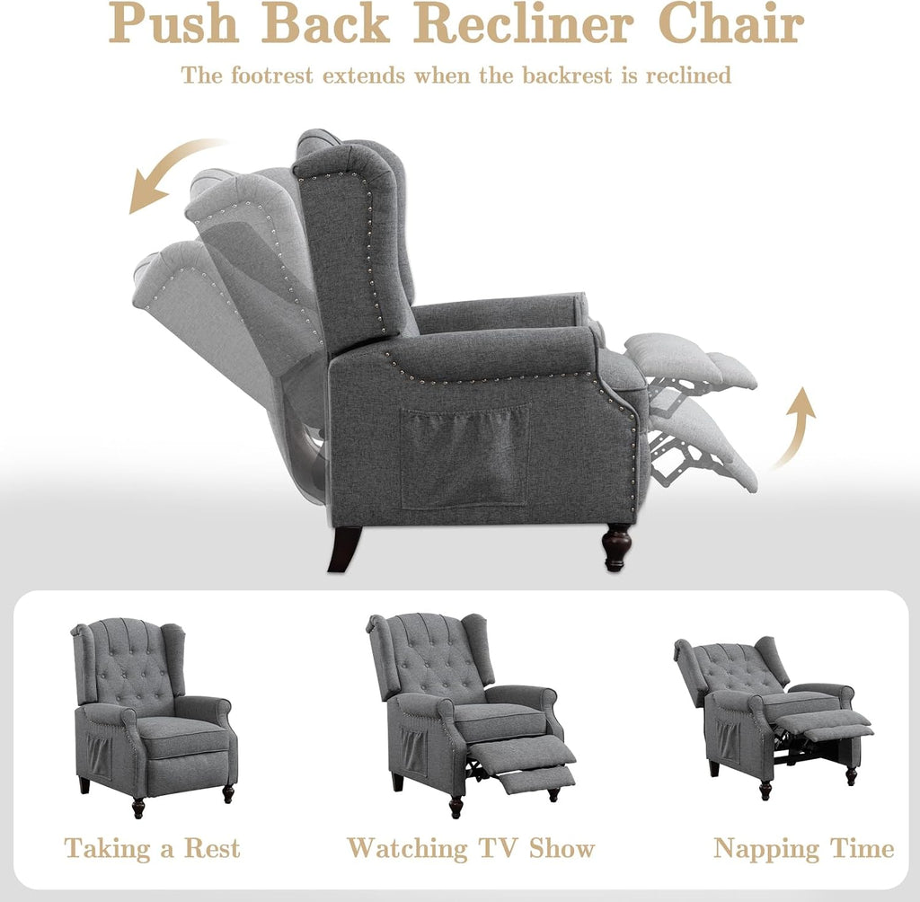 Pushback Recliner Chair Set of 2, Linen Tufted Armchairs with Massage & Heat, Mid-Century Modern Wingback Accent Chairs for Living Room, Small Space (Light Grey, 2PC)