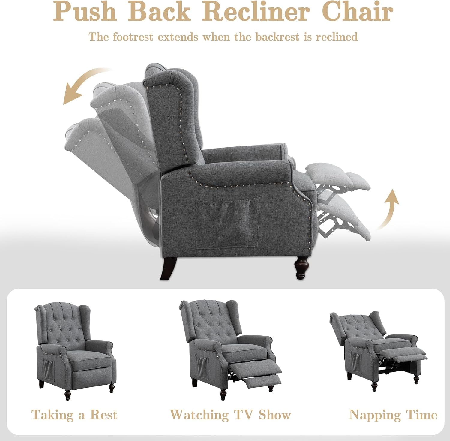 Pushback Recliner Chair Set of 2, Linen Tufted Armchairs with Massage & Heat, Mid-Century Modern Wingback Accent Chairs for Living Room, Small Space (Light Grey, 2PC)