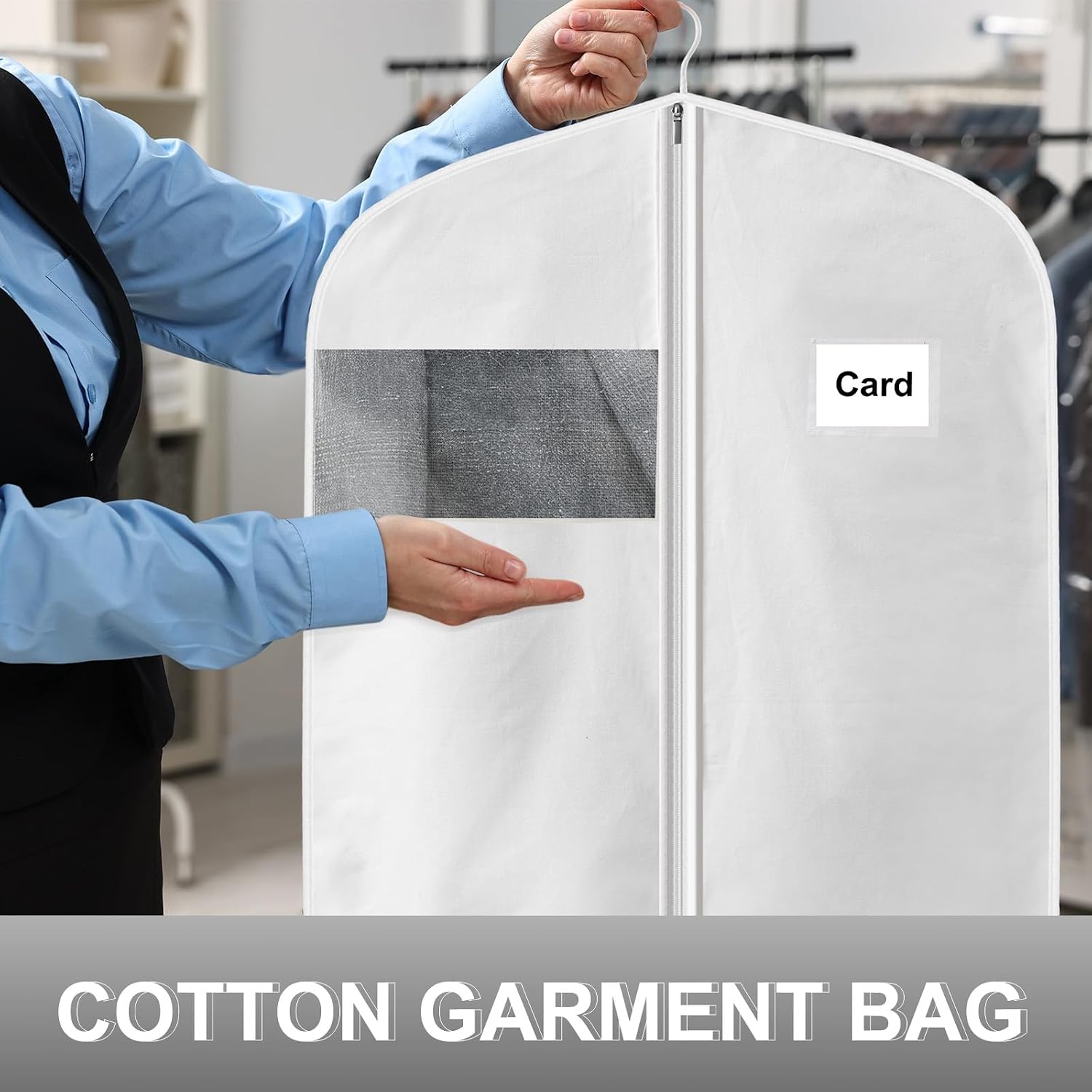 58" 100% Organic Cotton Garment Bags for Hanging Clothes and Storage, Breathable Clothes Covers with Viewing Window and Card Pocket for Short Dresses, Jackets, Suits