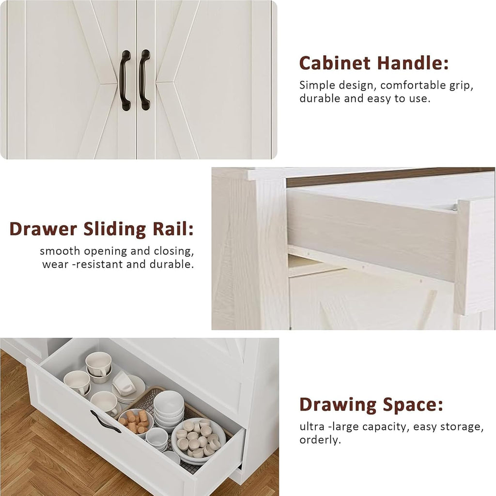 White Kitchen Pantry Cabinet with 2 Drawers, Farmhouse Tall Storage Cabinet, Wood Food Pantry with Barn Doors and Adjustable Shelves Versatile Storage Freestanding Cupboard for Kitchen
