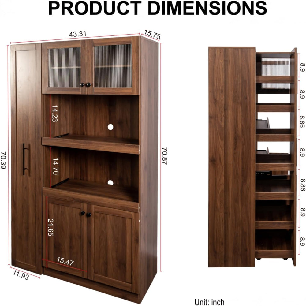 70.87" H Walnut Farmhouse Kitchen Pantry Cabinet, 4-Door Pull-Out Multi-...