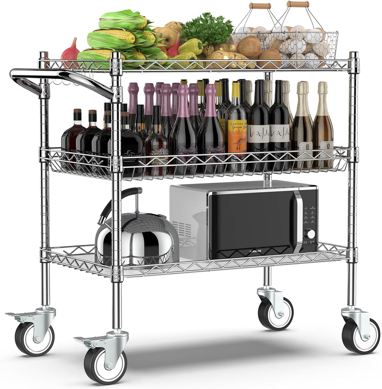 Leteuke 3 Tier Rolling Carts with Wheels, Heavy Duty Rolling Utility Cart,NSF Commercial Grade Metal Cart with Handle&Shelf Liner,Trolley Serving Cart for Kitchen,Restaurant,Plant Display,Chrome