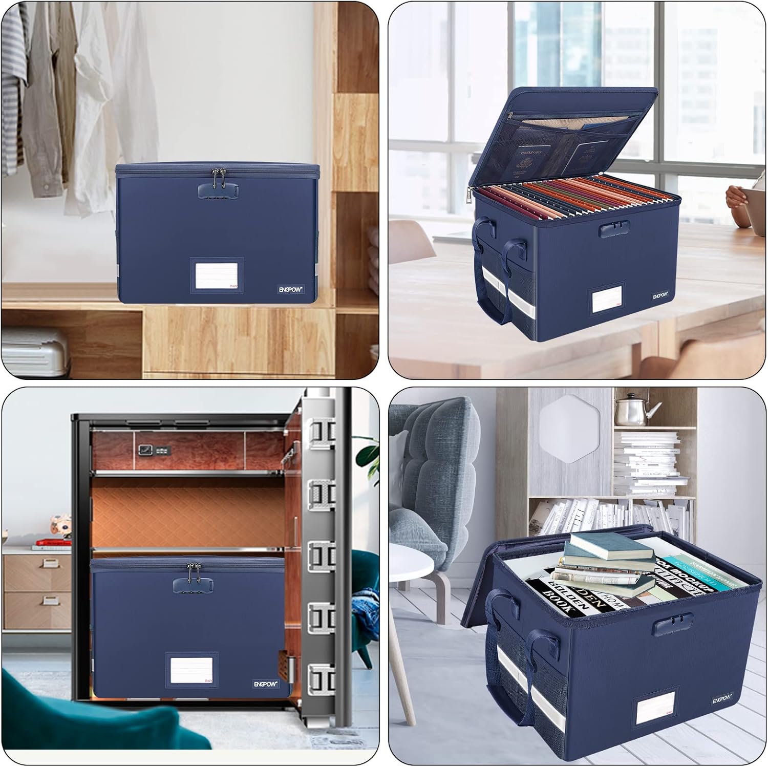 ENGPOW File Box with Lock, Fireproof Document Box with Pockets, Collapsible File Organizer Filing Storage Cabinet with Handle, Portable Home Office Safe for Hanging Letter/Legal Folders, Blue, 2 Pack